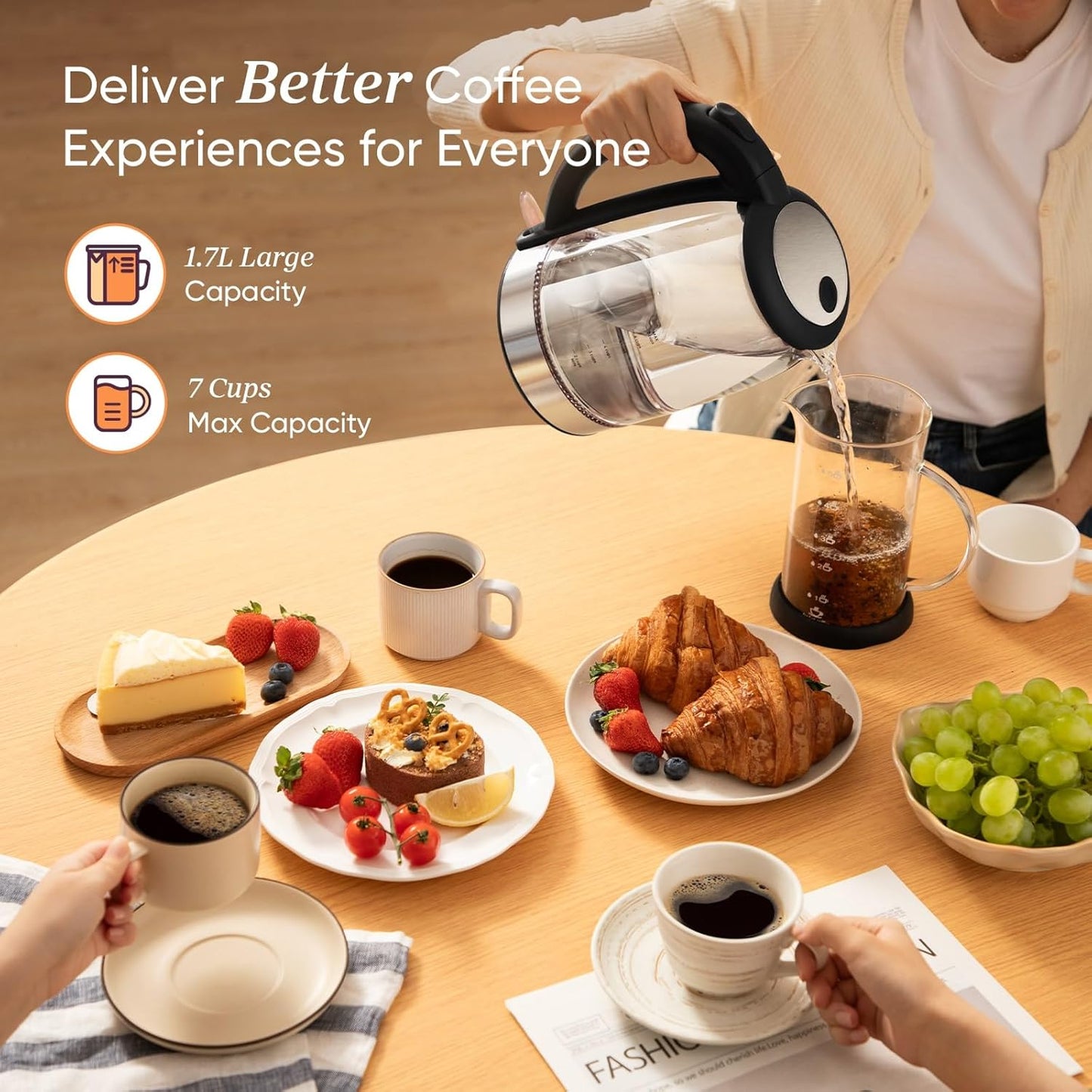 Electric Kettle, No Plastic Filter & Spout, 1.8Qt Tea Kettle & Hot Water Boiler for Coffee & Tea, Water Heater & Teapot, Automatic Shut Off, Borosilicate Glass, Black, 1500W