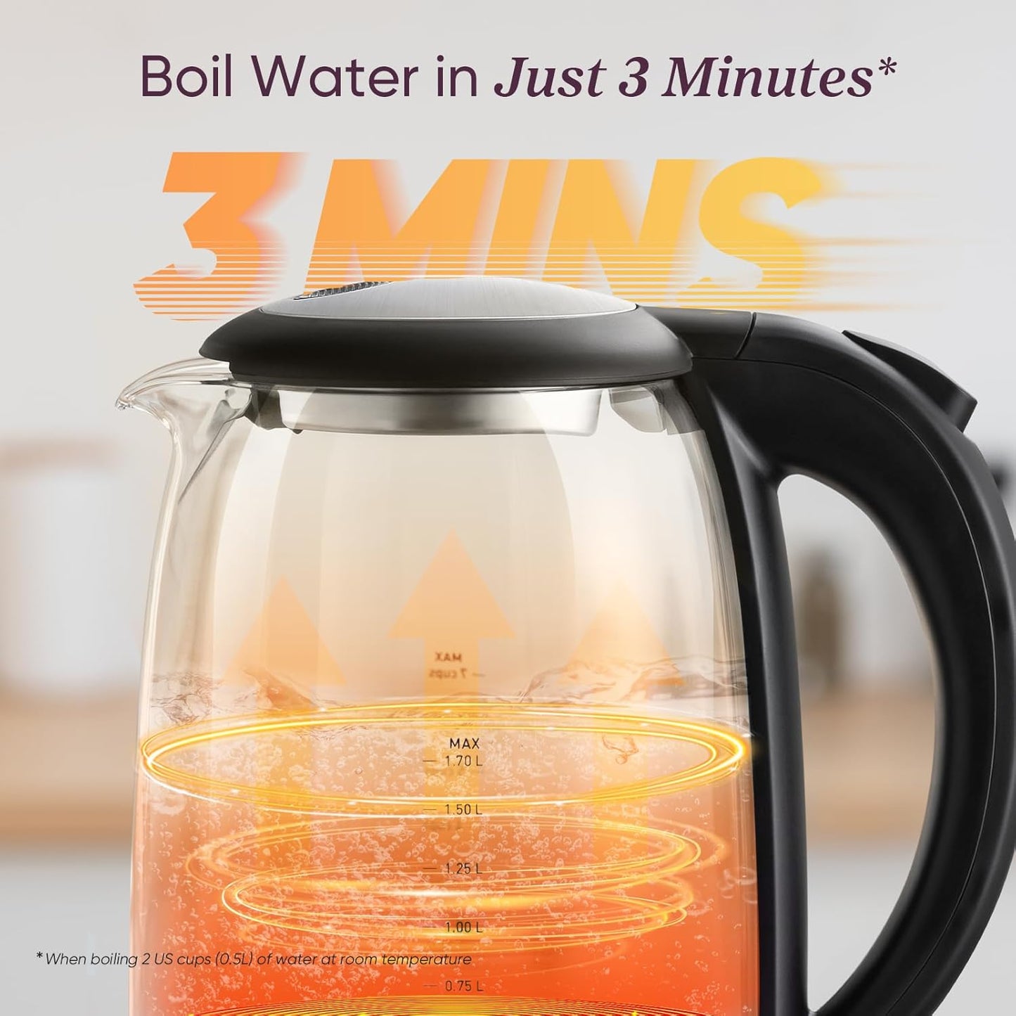 Electric Kettle, No Plastic Filter & Spout, 1.8Qt Tea Kettle & Hot Water Boiler for Coffee & Tea, Water Heater & Teapot, Automatic Shut Off, Borosilicate Glass, Black, 1500W
