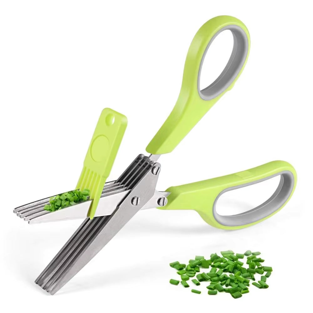 5-Blade Stainless Steel Herb Scissors with Cleaning Brush - Perfect for Chopping Onions and Scallions!