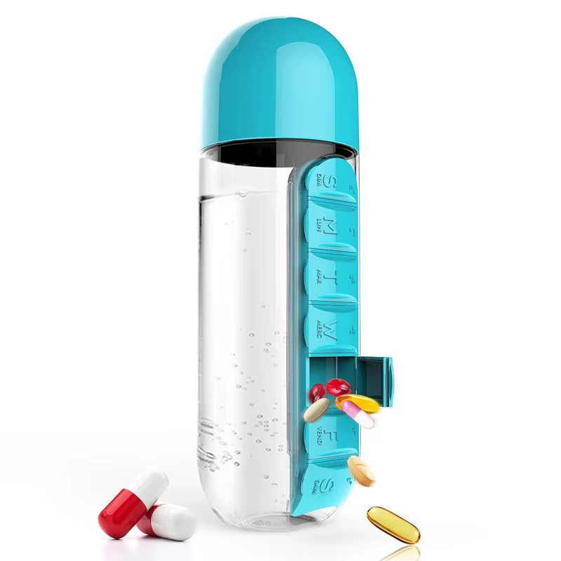 600ml Leak-Proof Sports Water Bottle with Daily Pill Organizer – Perfect for Outdoor Adventures