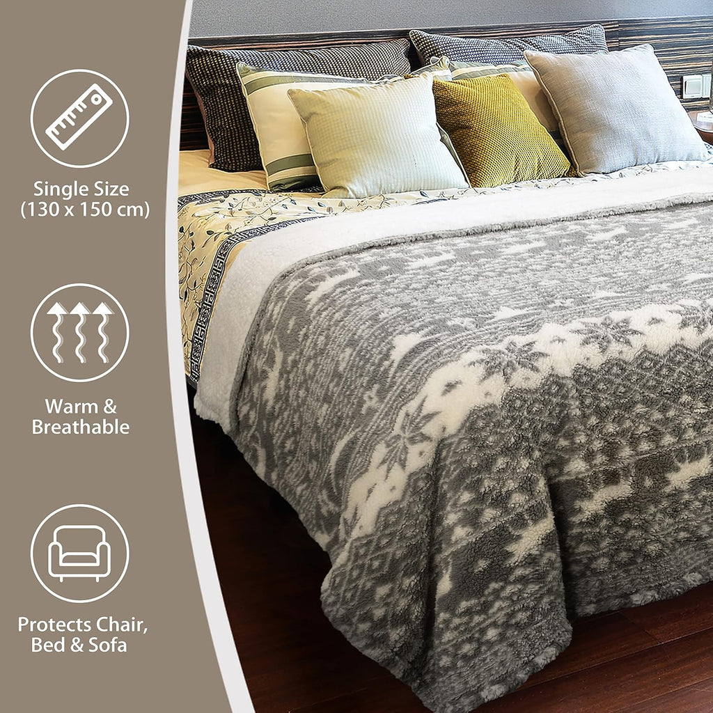 Cozy Grey Sherpa Throw Blanket - Super Soft Reversible Fuzzy Snowflake Design, Perfect for the Holidays (50x60 Inches)