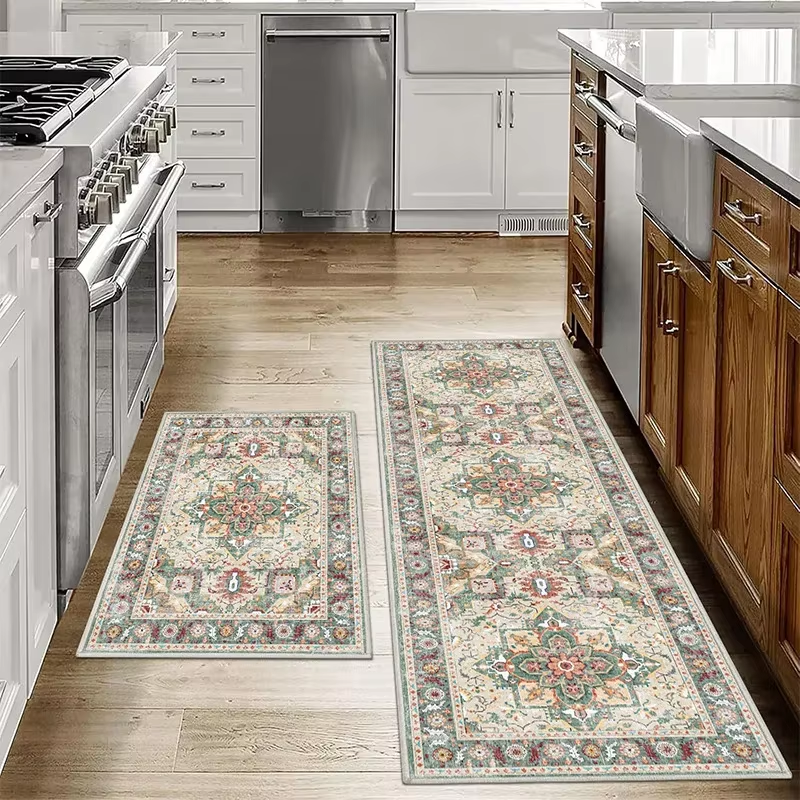 Bohemian Memory Foam Anti-Slip Floor Mats – Washable Kitchen & Bathroom Rugs for Hallways and Aisles (1 or 2 Piece Set)