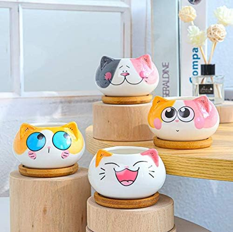 Adorable 3.5" Cartoon Cat Ceramic Succulent Pot with Bamboo Tray – Indoor Decor for Home, Office, and Garden (Yellow & Gray)