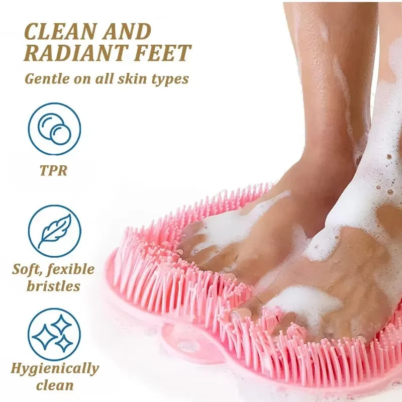 Exfoliating Anti-Slip Bath Mat with Back Massage Brush - Silicone Foot Wash & Shower Scraper