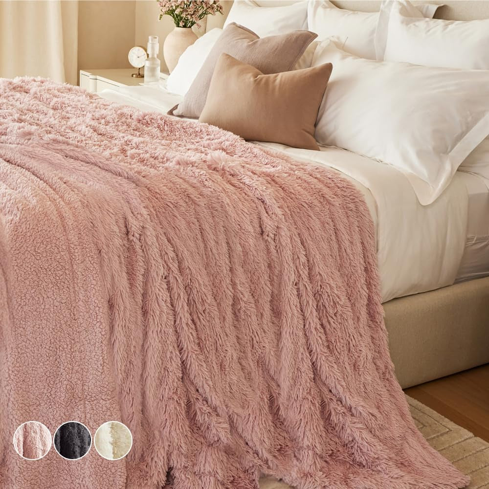 Cozy Dusty Rose Faux Fur & Sherpa Throw Blanket - Soft, Fluffy Decor for Couch & Bed, Perfect Gift for Women, 65x50 Inches