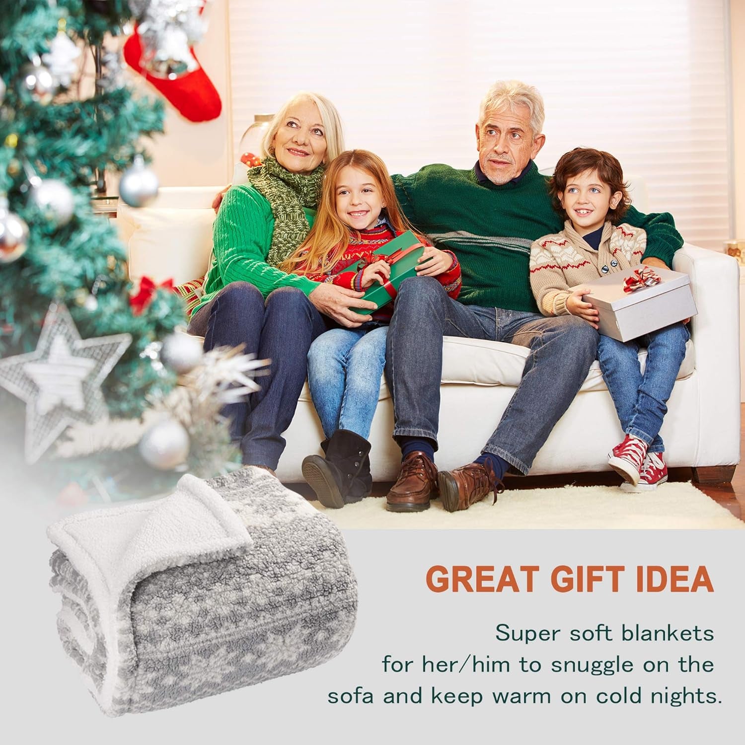 Cozy Grey Sherpa Throw Blanket - Super Soft Reversible Fuzzy Snowflake Design, Perfect for the Holidays (50x60 Inches)