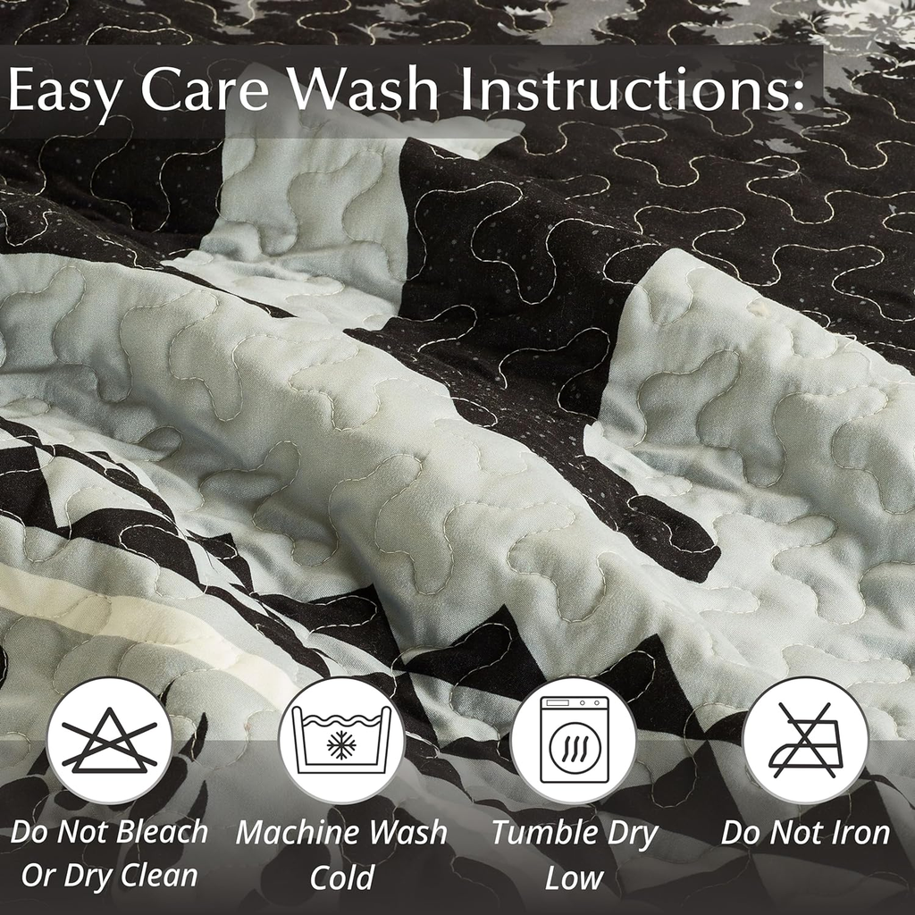 Moon Bear 3-Piece King Quilt Set – Black & White Reversible Comforter for Cabin-Style Bedroom