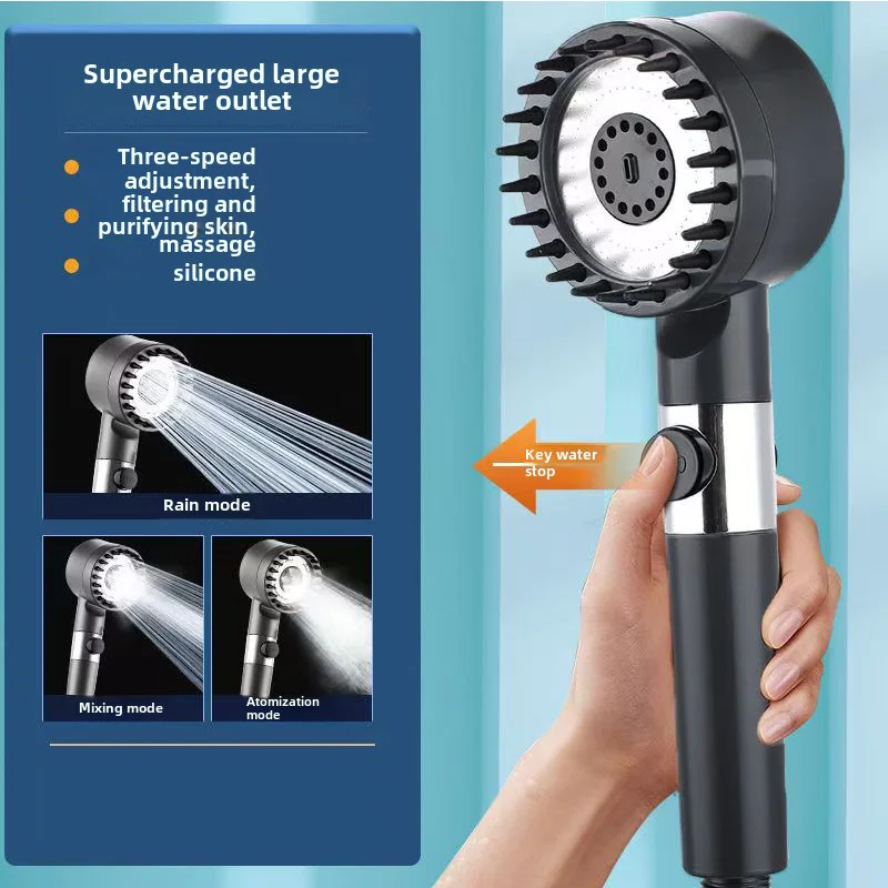 High-Pressure 3-Mode Filter Shower Head with Built-in Massage Brush – Eco-Friendly Water Saving Shower Brush