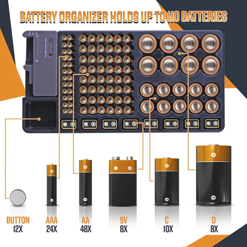Ultimate Battery Storage Organizer with Tester - Convenient Caddy for AAA, AA, C, D, and 9V Batteries