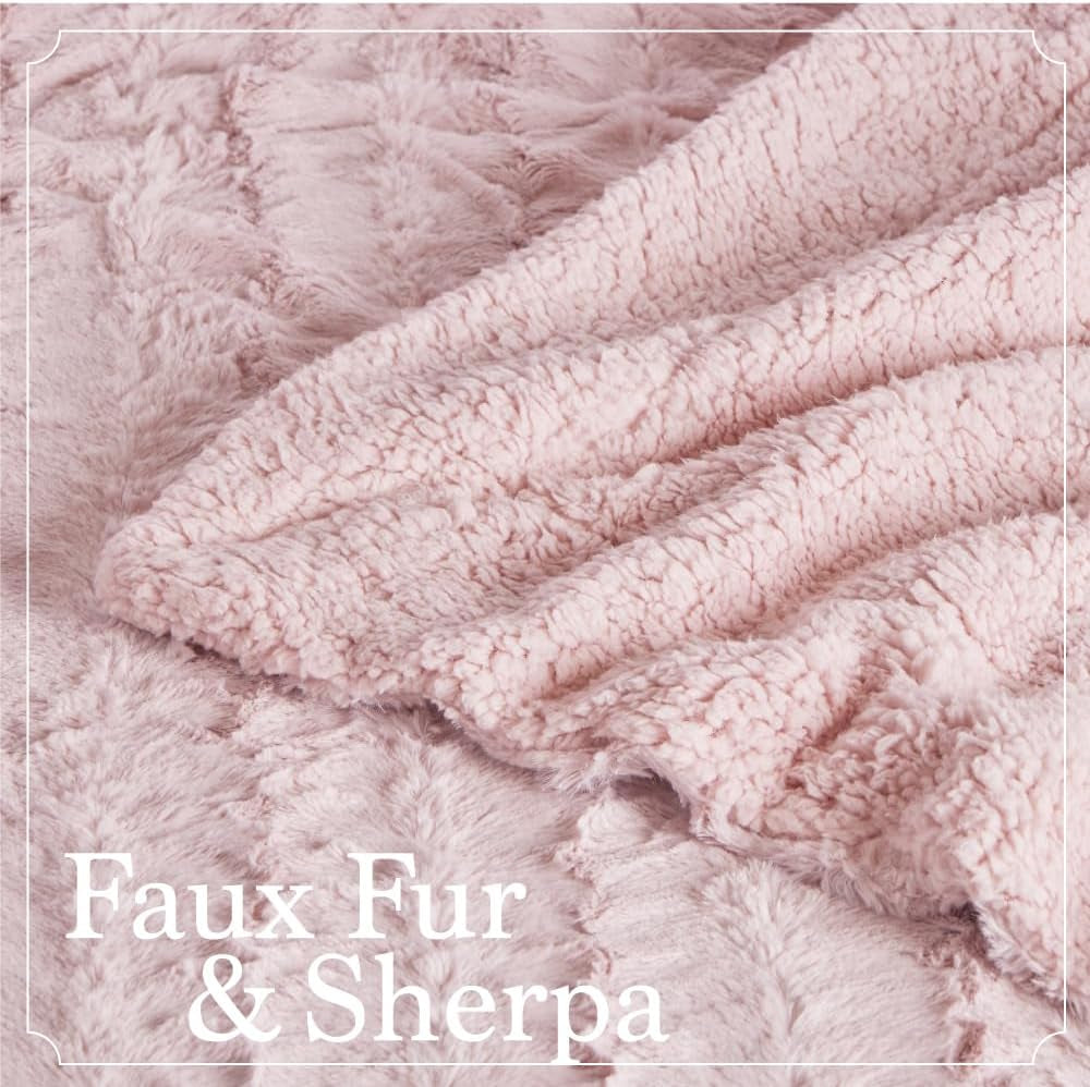 Cozy Dusty Rose Faux Fur & Sherpa Throw Blanket - Soft, Fluffy Decor for Couch & Bed, Perfect Gift for Women, 65x50 Inches