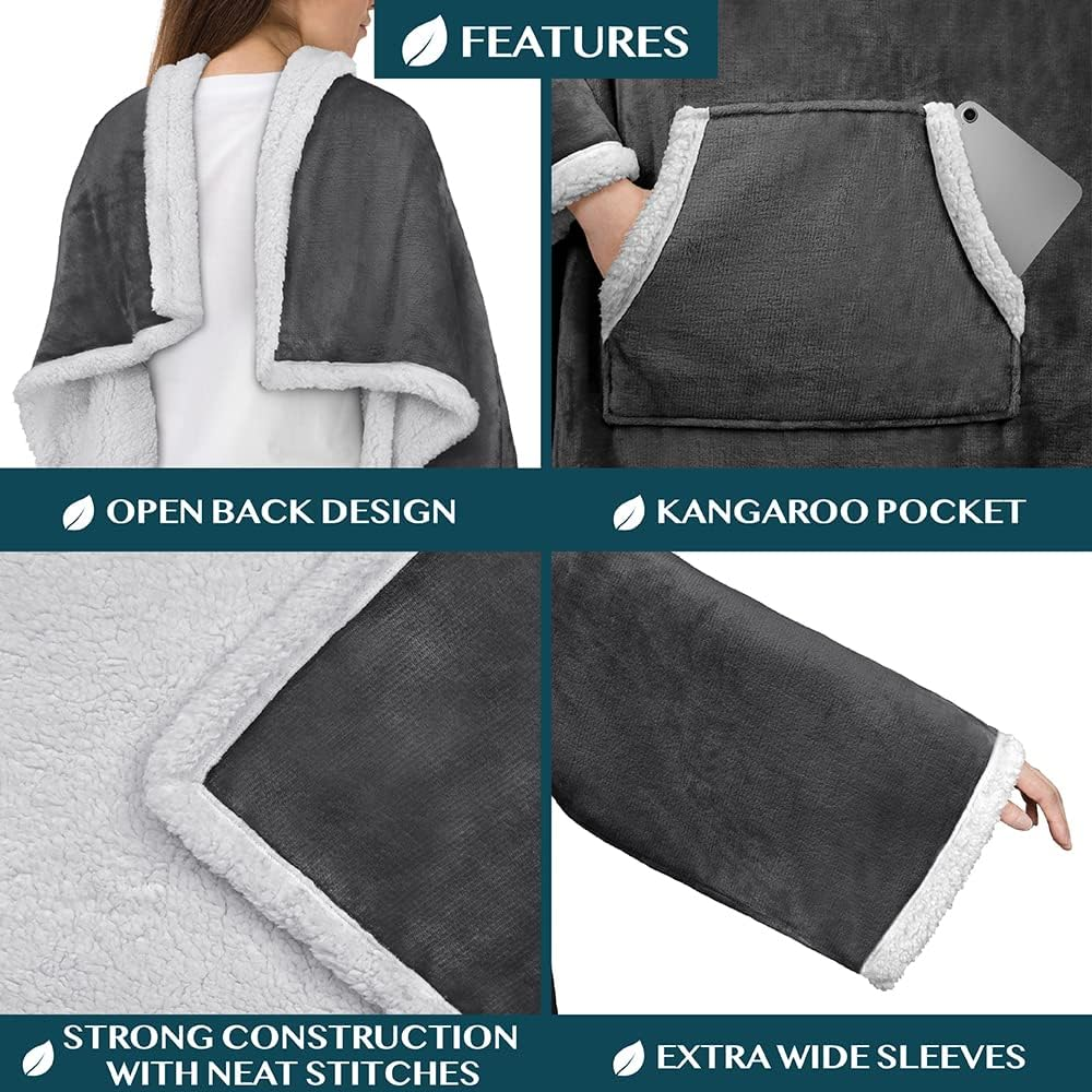 Cozy Sherpa Wearable Blanket with Sleeves & Pocket – Plush Wrap for Men & Women