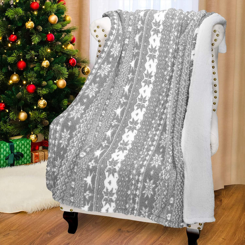 Cozy Grey Sherpa Throw Blanket - Super Soft Reversible Fuzzy Snowflake Design, Perfect for the Holidays (50x60 Inches)