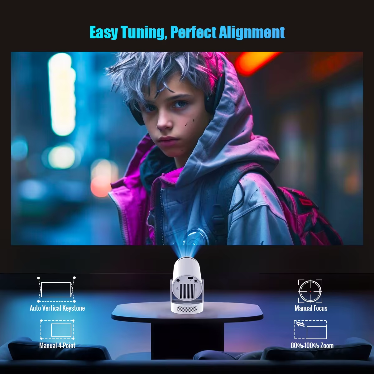 HY300 Pro+ Mini Smart Projector – 720P HD, 8K Support, 290 ANSI, Android 14, Bluetooth, Portable Home & Travel Projector