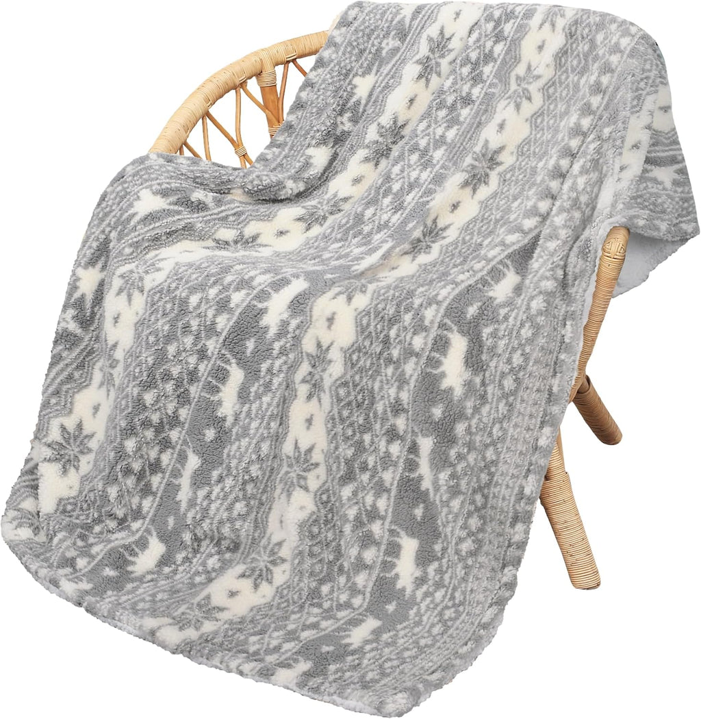 Cozy Grey Sherpa Throw Blanket - Super Soft Reversible Fuzzy Snowflake Design, Perfect for the Holidays (50x60 Inches)