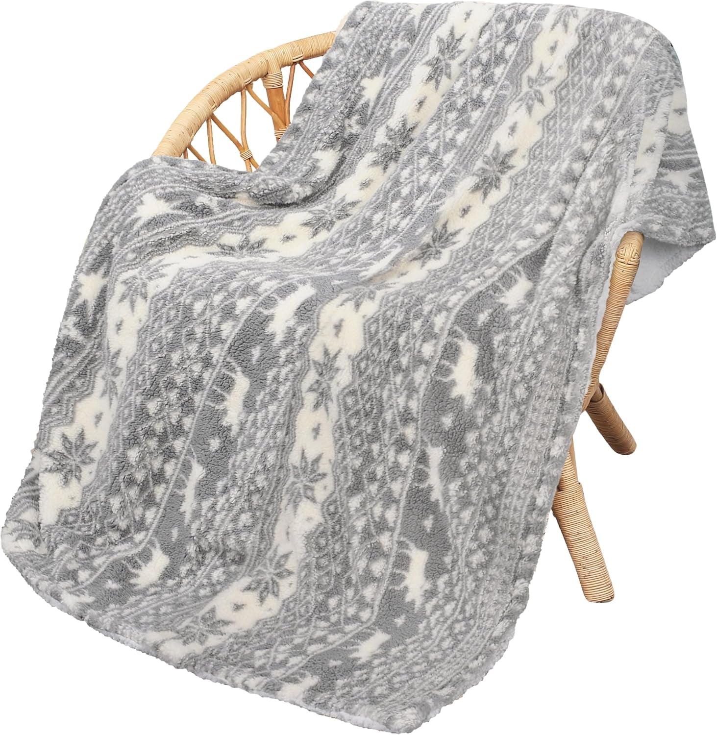 Cozy Grey Sherpa Throw Blanket - Super Soft Reversible Fuzzy Snowflake Design, Perfect for the Holidays (50x60 Inches)