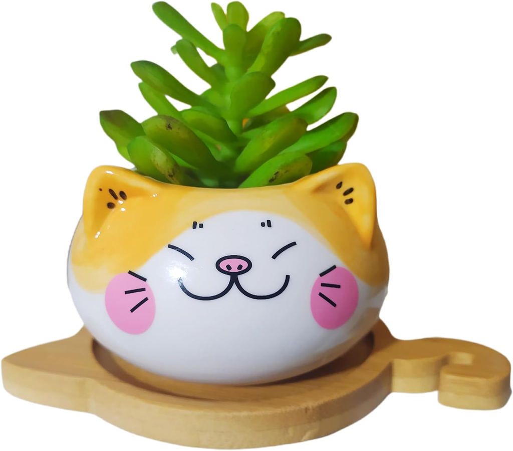 Adorable 3.5" Cartoon Cat Ceramic Succulent Pot with Bamboo Tray – Indoor Decor for Home, Office, and Garden (Yellow & Gray)