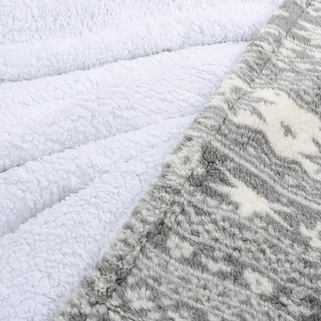 Cozy Grey Sherpa Throw Blanket - Super Soft Reversible Fuzzy Snowflake Design, Perfect for the Holidays (50x60 Inches)