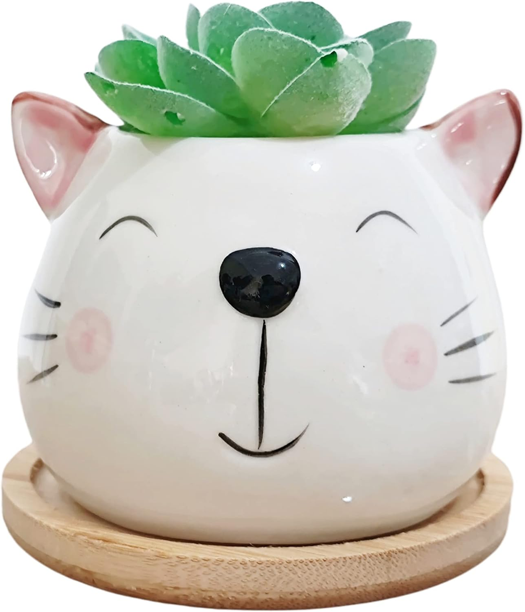 Adorable 3.5" Cartoon Cat Ceramic Succulent Pot with Bamboo Tray – Indoor Decor for Home, Office, and Garden (Yellow & Gray)