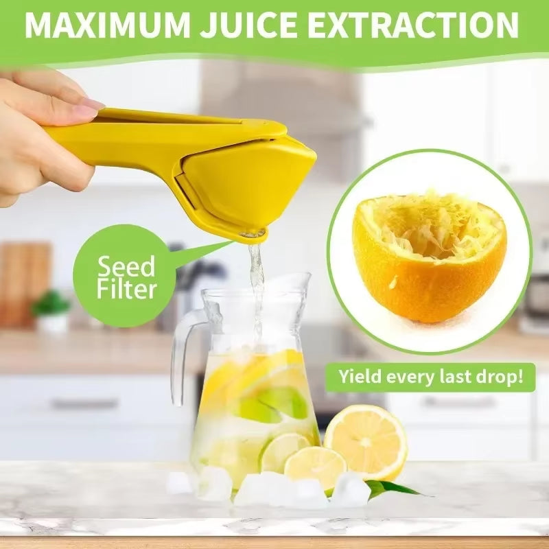 Max Juice Extraction Lemon Lime Squeezer - Easy-to-Use Flat Design with Built-in Strainer and Leverage for Maximum Juice Output - Bright Yellow