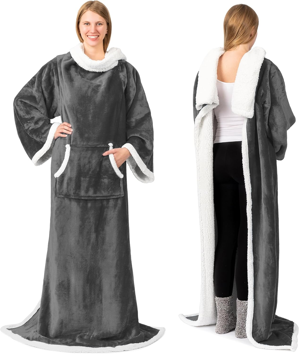 Cozy Sherpa Wearable Blanket with Sleeves & Pocket – Plush Wrap for Men & Women