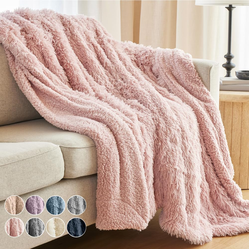 Cozy Dusty Rose Faux Fur & Sherpa Throw Blanket - Soft, Fluffy Decor for Couch & Bed, Perfect Gift for Women, 65x50 Inches