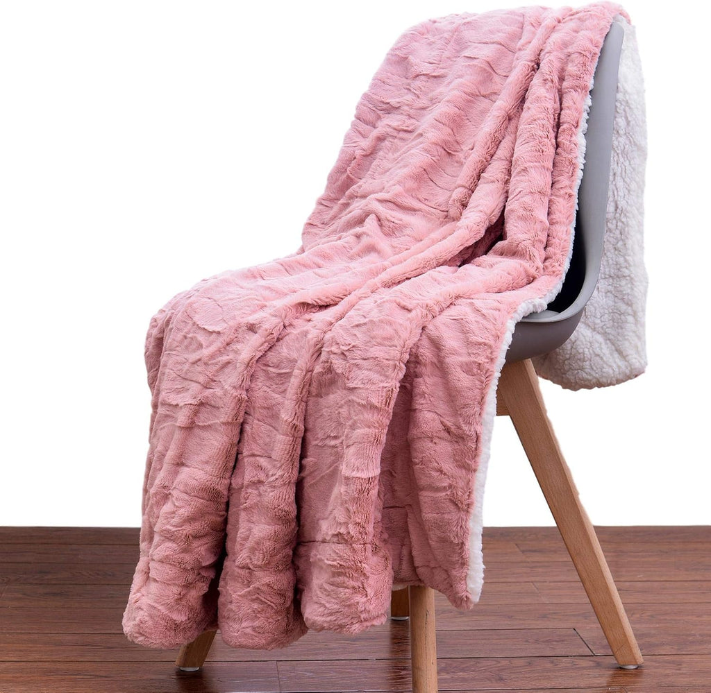 Luxuriously Soft Dusty Rose Faux Fur Throw Blanket with Ivory Sherpa Back - 50x60 Inches