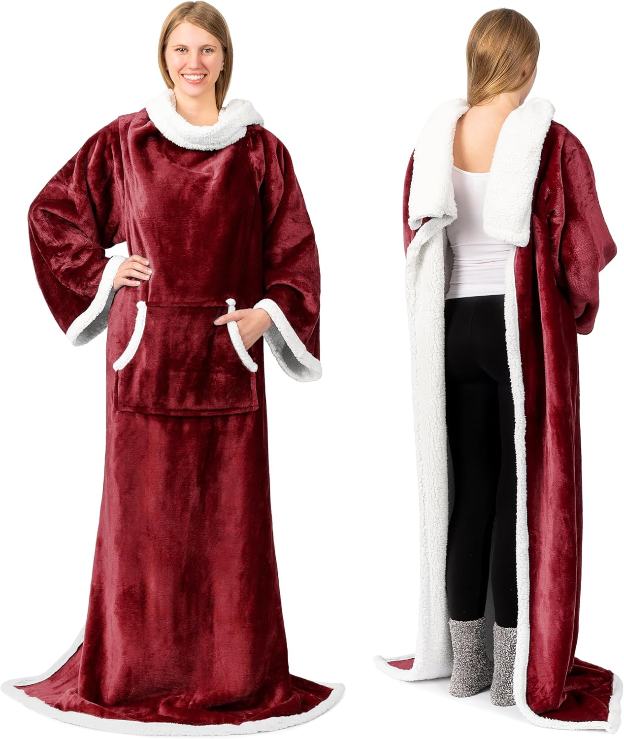 Cozy Sherpa Wearable Blanket with Sleeves & Pocket – Plush Wrap for Men & Women