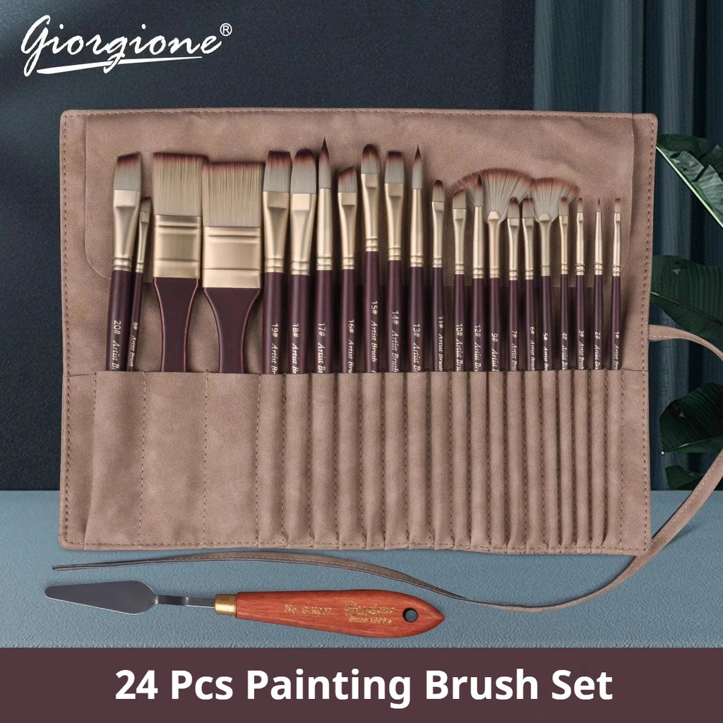 25-Piece Artist Paint Brush Set with Wooden Handles and Scraper - Perfect for Acrylic, Oil, and Gouache Painting