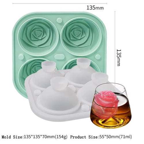 3D Rose Ice Molds 2.5 Inch, Large Ice Cube Trays, Make 4 Giant Cute Flower Shape Ice, Silicone Rubber Fun Big Ice Ball Maker