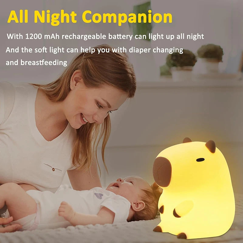 Adorable Capybara USB Rechargeable Night Light - Perfect Touch Bedside Lamp for Kids!