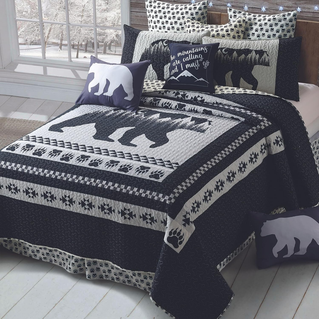 Moon Bear 3-Piece King Quilt Set – Black & White Reversible Comforter for Cabin-Style Bedroom