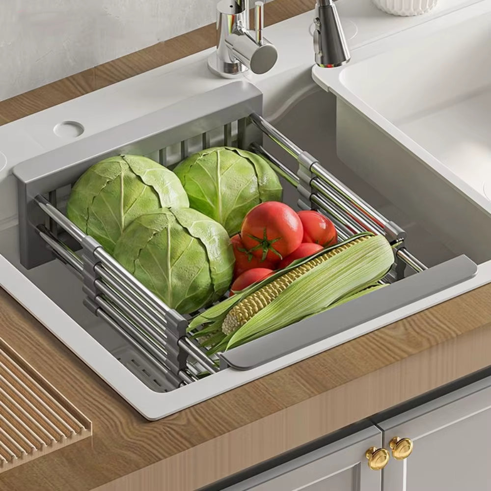 Versatile Stainless Steel Extendable Dish Drying Rack & Drain Basket for Kitchen Sink - Ideal for Fruits, Vegetables, and Storage!