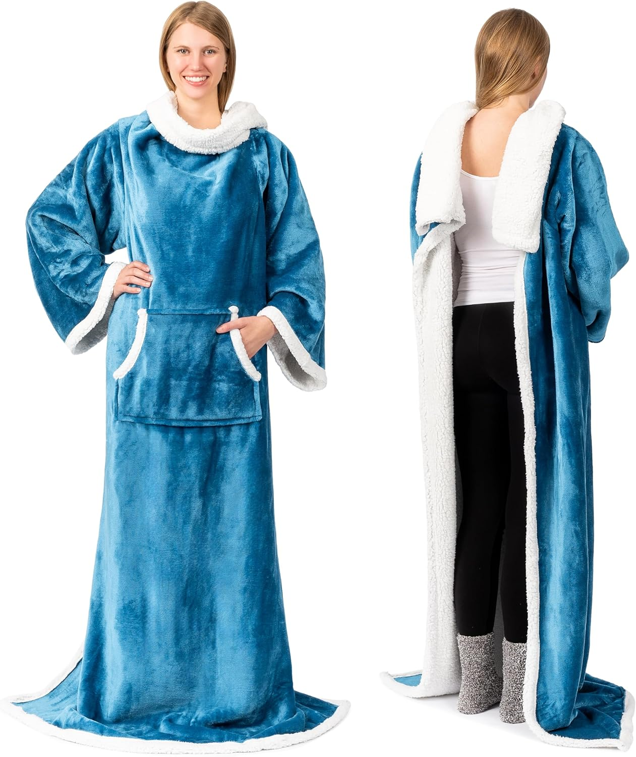 Cozy Sherpa Wearable Blanket with Sleeves & Pocket – Plush Wrap for Men & Women