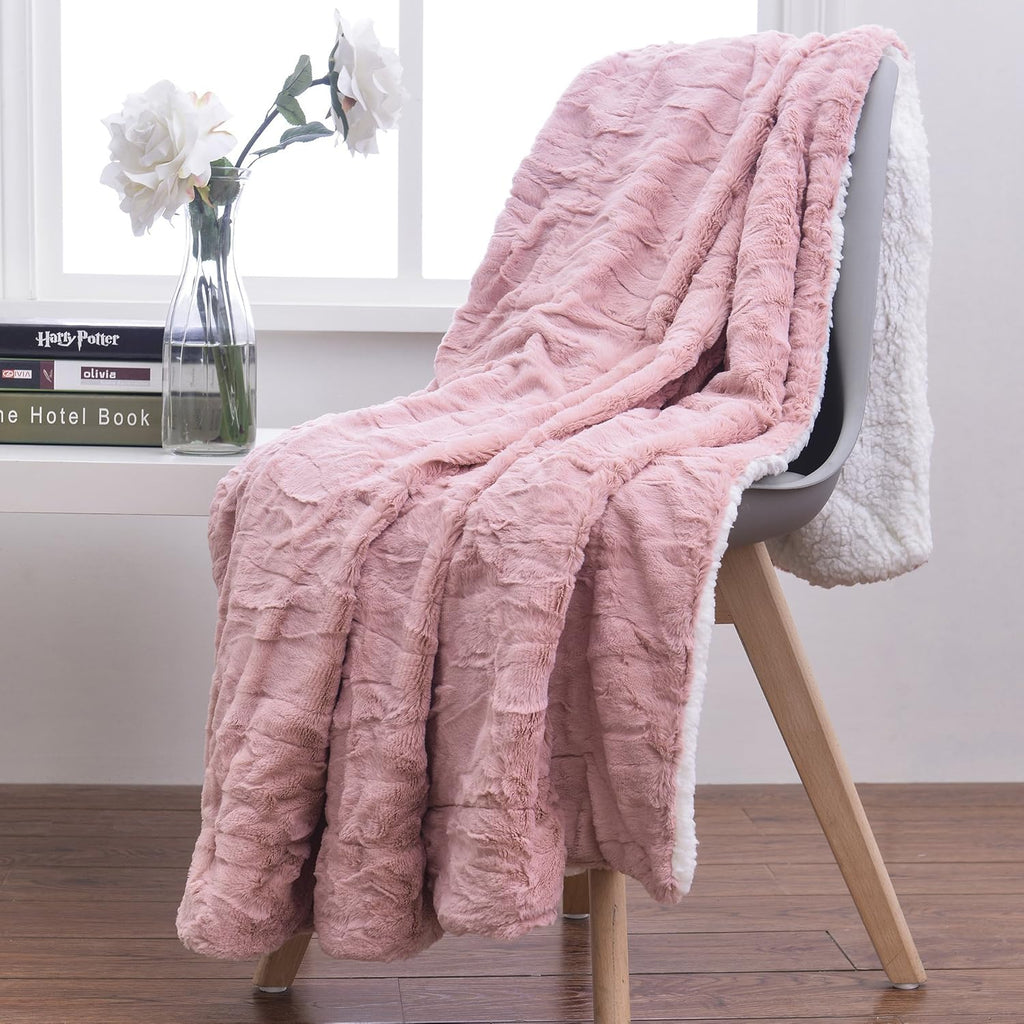 Luxuriously Soft Dusty Rose Faux Fur Throw Blanket with Ivory Sherpa Back - 50x60 Inches