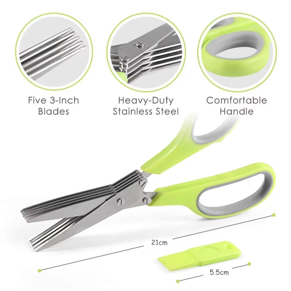 5-Blade Stainless Steel Herb Scissors with Cleaning Brush - Perfect for Chopping Onions and Scallions!