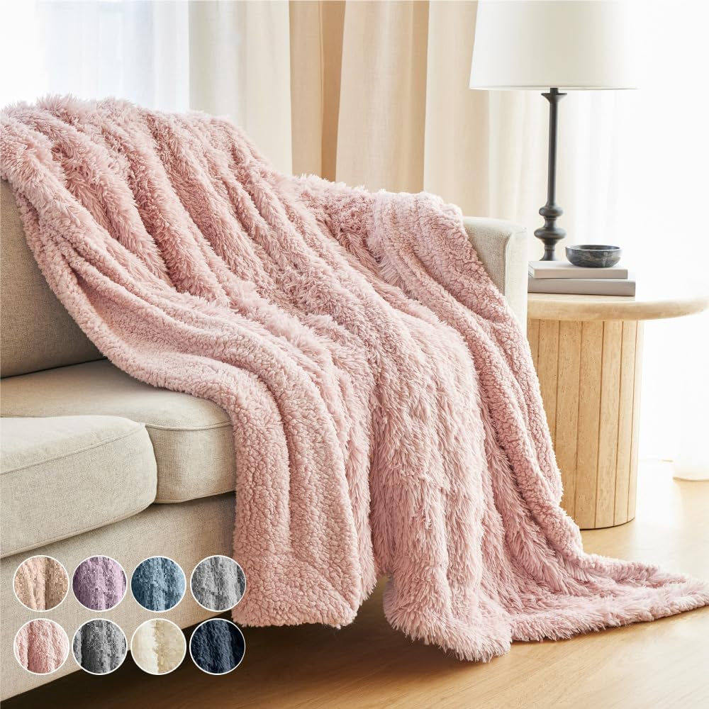 Cozy Dusty Rose Faux Fur & Sherpa Throw Blanket - Soft, Fluffy Decor for Couch & Bed, Perfect Gift for Women, 65x50 Inches