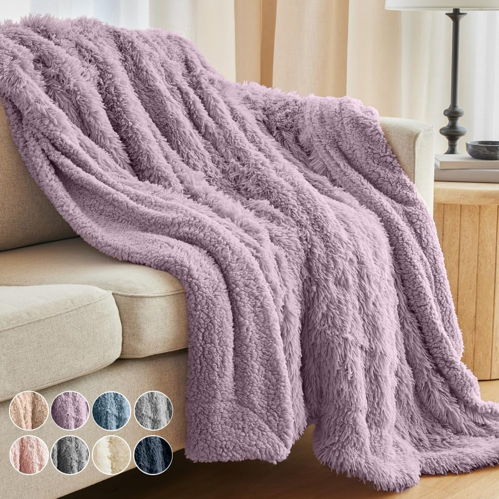 Cozy Dusty Rose Faux Fur & Sherpa Throw Blanket - Soft, Fluffy Decor for Couch & Bed, Perfect Gift for Women, 65x50 Inches