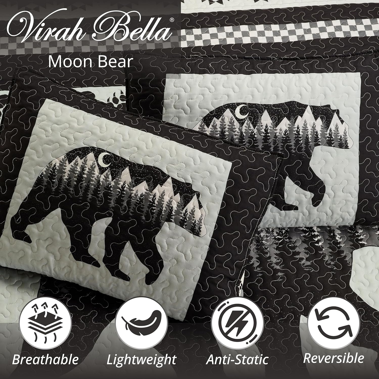 Moon Bear 3-Piece King Quilt Set – Black & White Reversible Comforter for Cabin-Style Bedroom