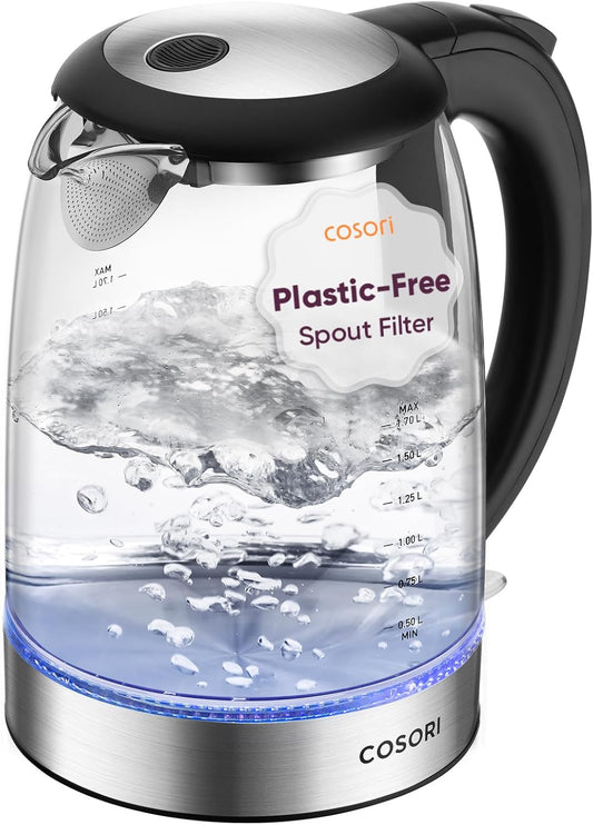 Electric Kettle, No Plastic Filter & Spout, 1.8Qt Tea Kettle & Hot Water Boiler for Coffee & Tea, Water Heater & Teapot, Automatic Shut Off, Borosilicate Glass, Black, 1500W
