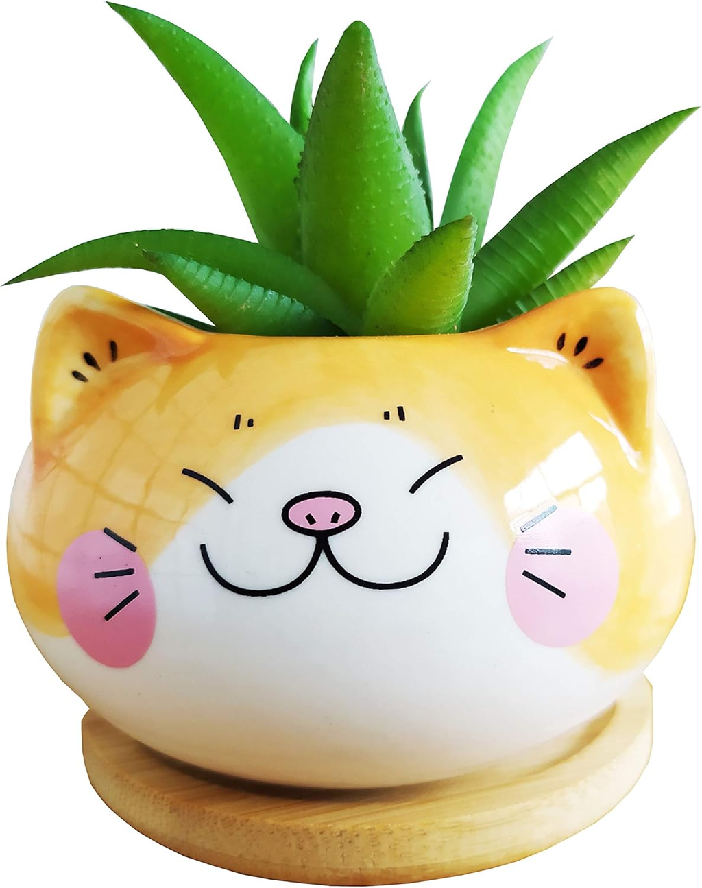 Adorable 3.5" Cartoon Cat Ceramic Succulent Pot with Bamboo Tray – Indoor Decor for Home, Office, and Garden (Yellow & Gray)