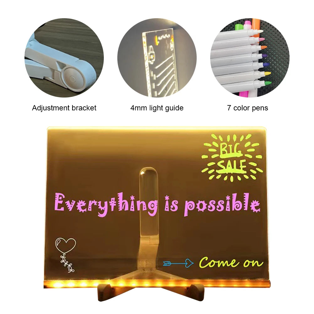 Glow & Write Acrylic Message Board - Rewritable DIY Drawing Lamp with 7 Colorful Pens for Kids