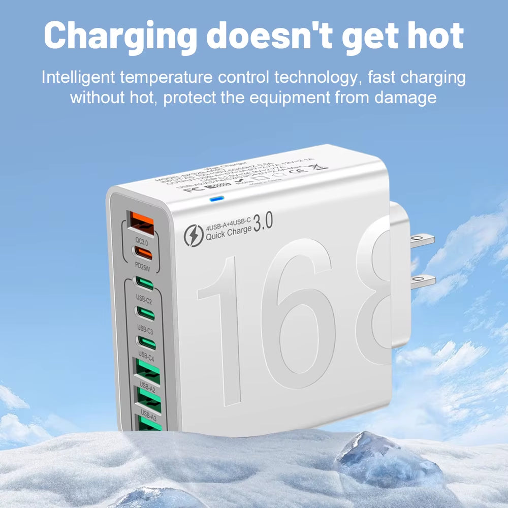 150W Fast Charging Multi-Port USB Wall Adapter - Compatible with Xiaomi, iPhone, Samsung, Huawei - Travel Charger with EU/US/KR Plugs