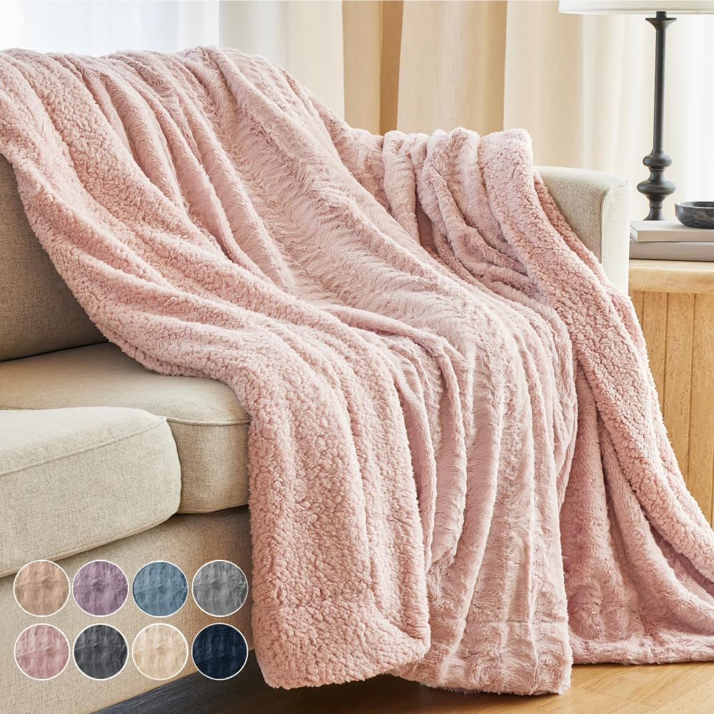 Cozy Dusty Rose Faux Fur & Sherpa Throw Blanket - Soft, Fluffy Decor for Couch & Bed, Perfect Gift for Women, 65x50 Inches