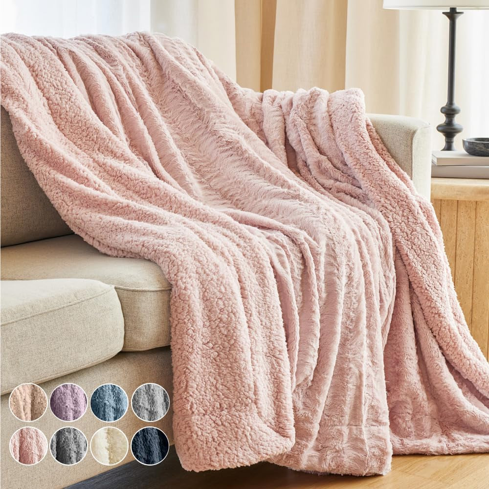 Cozy Dusty Rose Faux Fur & Sherpa Throw Blanket - Soft, Fluffy Decor for Couch & Bed, Perfect Gift for Women, 65x50 Inches