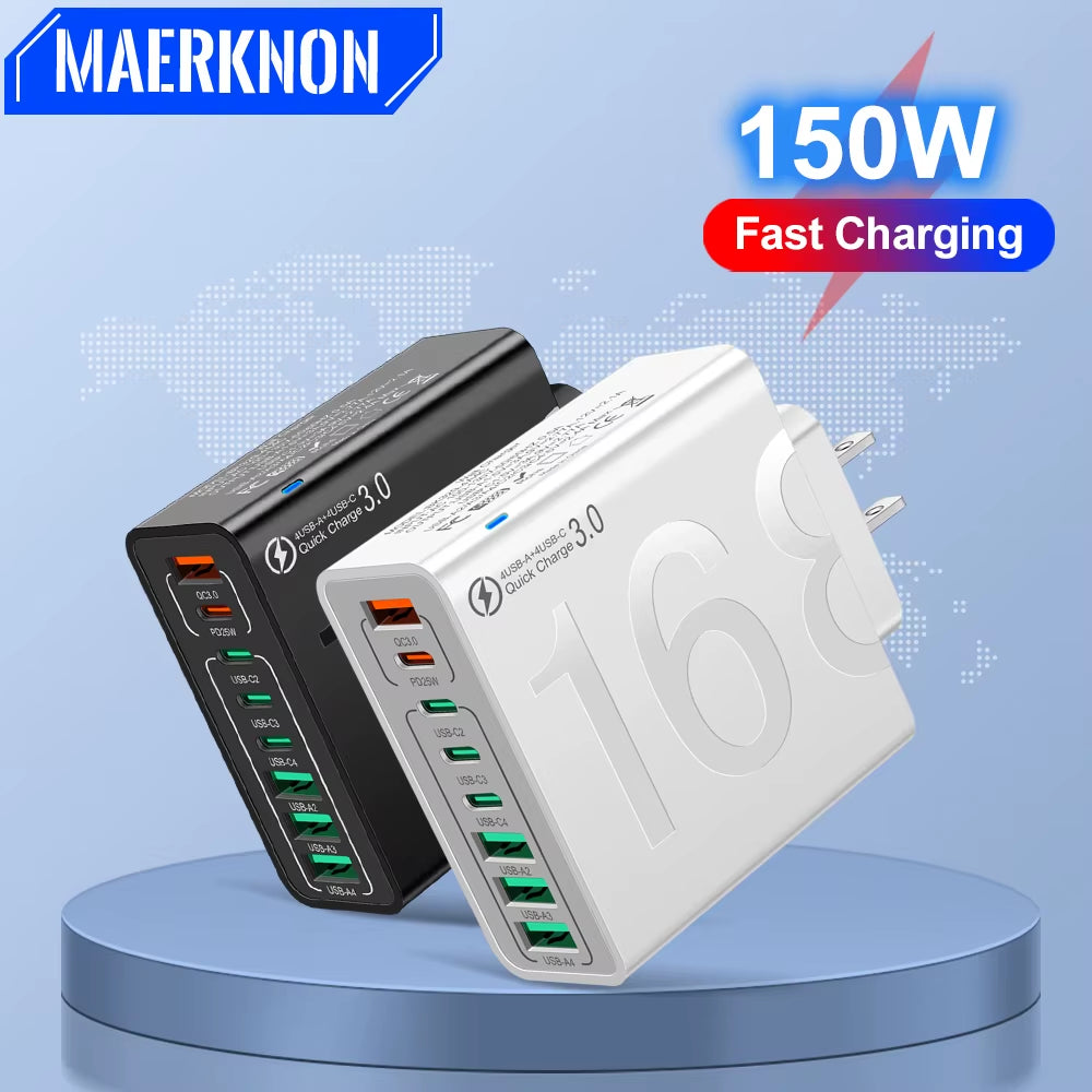 150W Fast Charging Multi-Port USB Wall Adapter - Compatible with Xiaomi, iPhone, Samsung, Huawei - Travel Charger with EU/US/KR Plugs