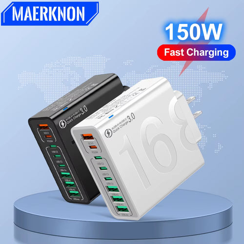 150W Fast Charging Multi-Port USB Wall Adapter - Compatible with Xiaomi, iPhone, Samsung, Huawei - Travel Charger with EU/US/KR Plugs