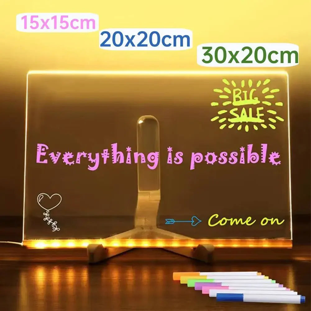 Glow & Write Acrylic Message Board - Rewritable DIY Drawing Lamp with 7 Colorful Pens for Kids