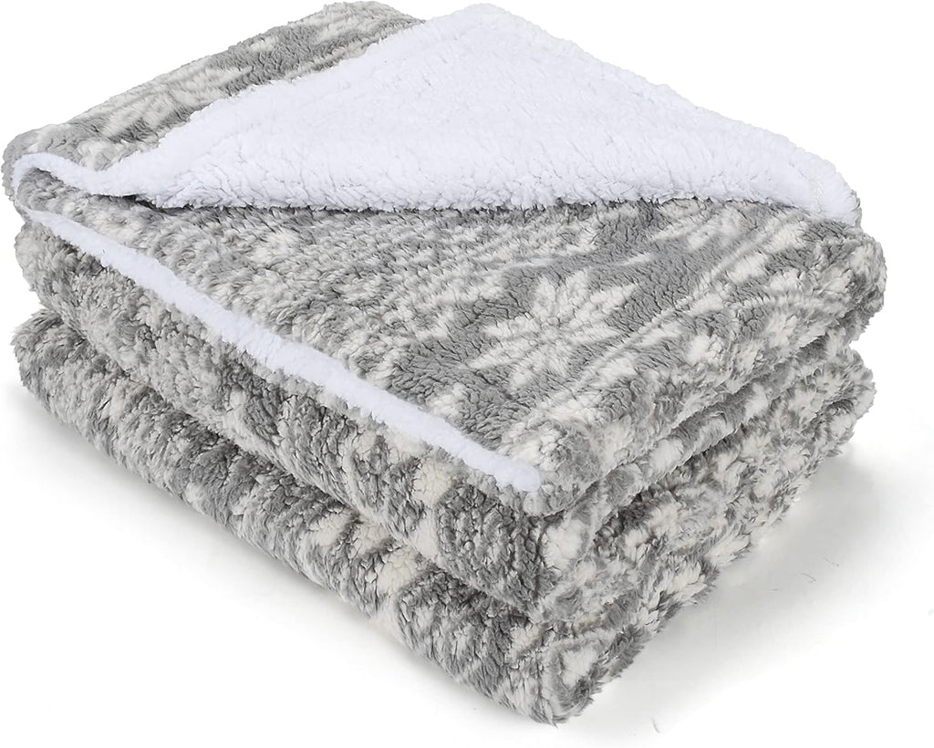 Cozy Grey Sherpa Throw Blanket - Super Soft Reversible Fuzzy Snowflake Design, Perfect for the Holidays (50x60 Inches)