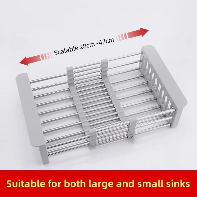 Versatile Stainless Steel Extendable Dish Drying Rack & Drain Basket for Kitchen Sink - Ideal for Fruits, Vegetables, and Storage!