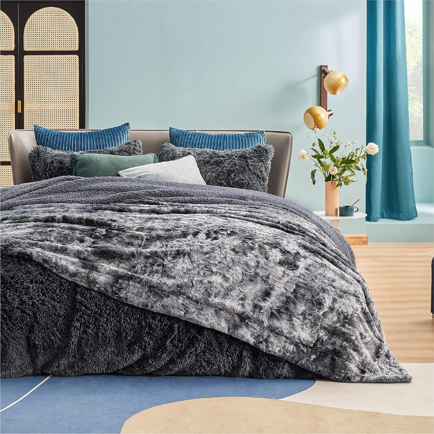 Luxurious Grey Sherpa King Size Blanket – Plush Fleece & Faux Fur Tie Dye Throw for Home